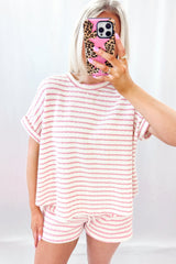 Pink Stripe Knitted Short Sleeve Top and Drawstring Shorts Set Short Sets JT's Designer Fashion