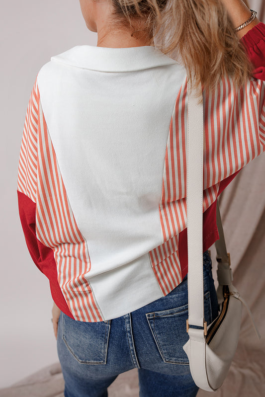 White Striped Color Block Collared V Neck Oversized Sweatshirt Sweatshirts & Hoodies JT's Designer Fashion