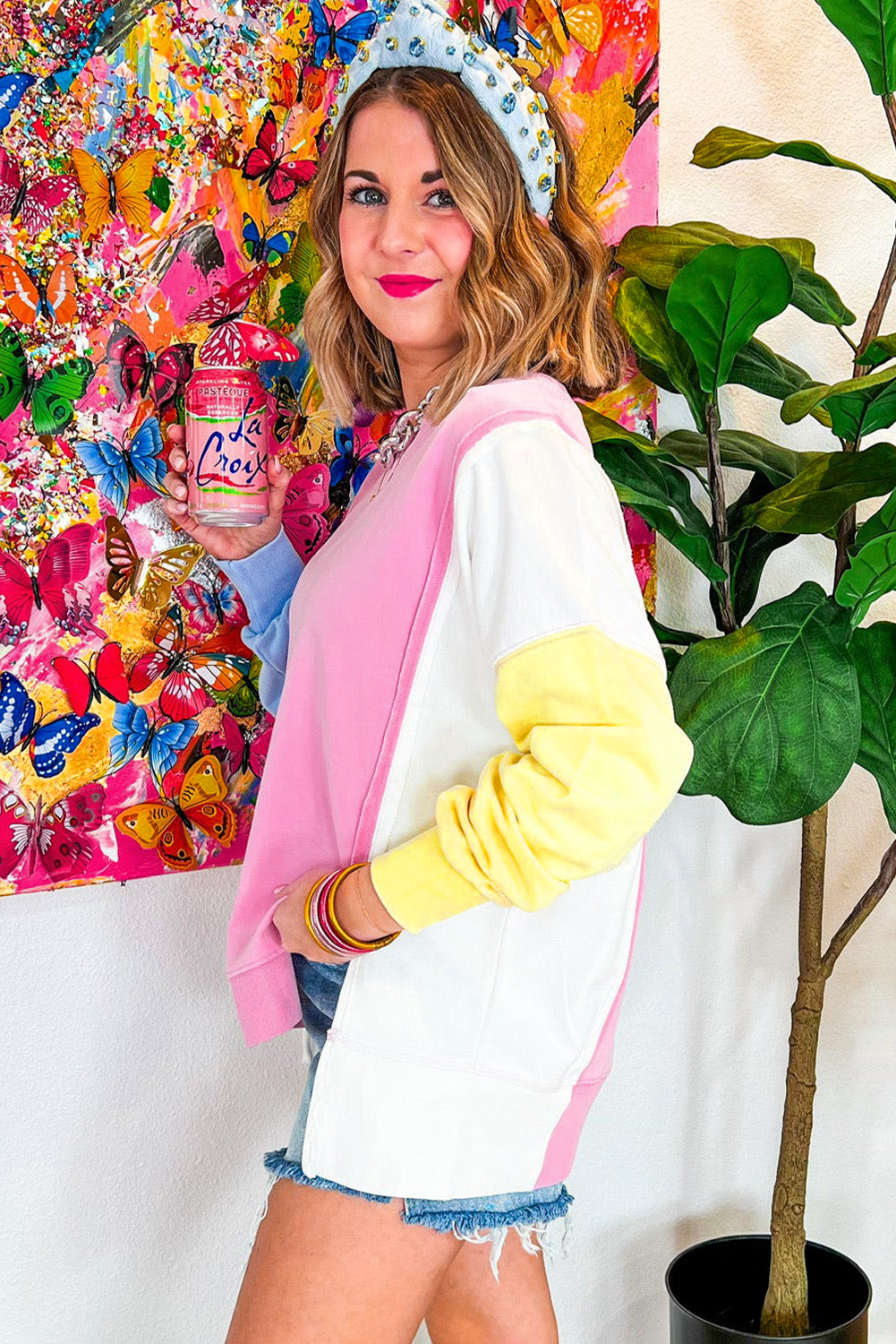 Bonbon Color Block Exposed Seam Side Slits Crewneck Sweatshirt Sweatshirts & Hoodies JT's Designer Fashion