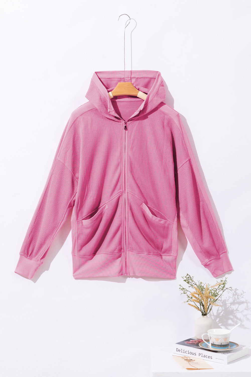 Rose Thermal Waffle Knit Full Zipper Hooded Jacket Jackets JT's Designer Fashion