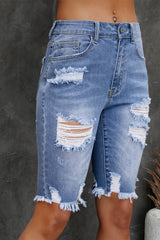 Sky Blue Ripped Tassel Bermuda Denim Shorts Denim Shorts JT's Designer Fashion
