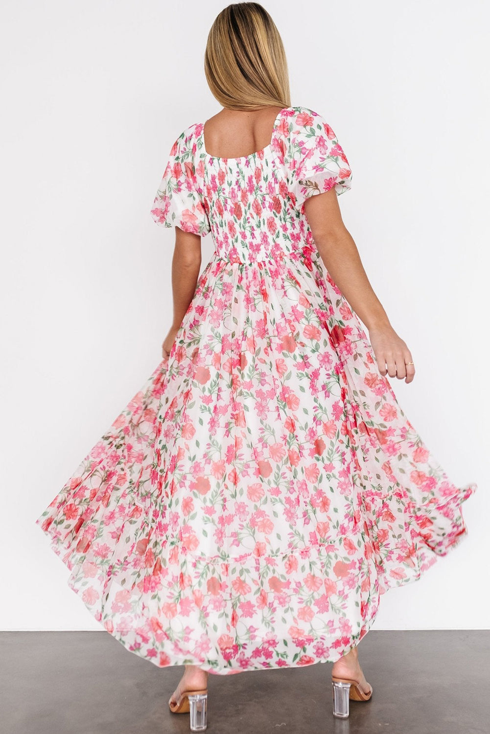 Pink Plus Size Floral Square Neck Puff Sleeve Ruffle Maxi Dress Plus Size Dresses JT's Designer Fashion
