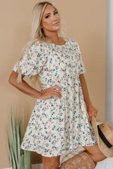 Beige Floral Puff Short Sleeve Empire Waist Mini Dress Floral Dresses JT's Designer Fashion