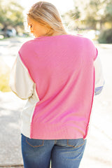 Rose Red Colorblock Patchwork Striped Puff Sleeve Plus Size Top with Slits Plus Size Long Sleeve Tops JT's Designer Fashion