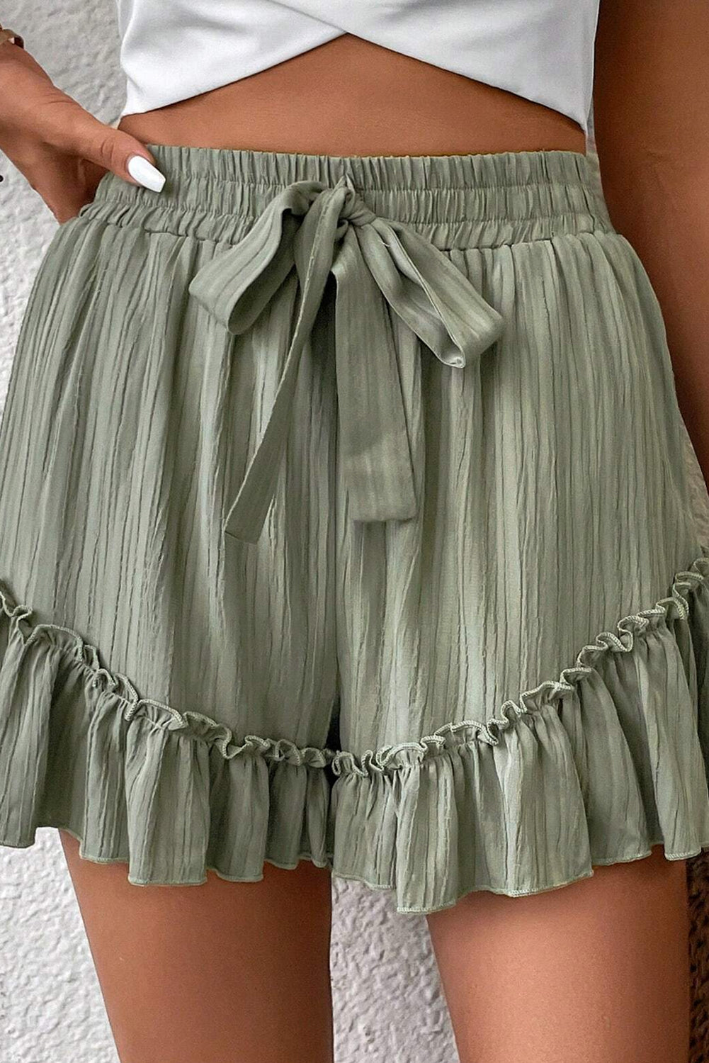 Laurel Green Textured Tie Waist Ruffle Hem Shorts Casual Shorts JT's Designer Fashion