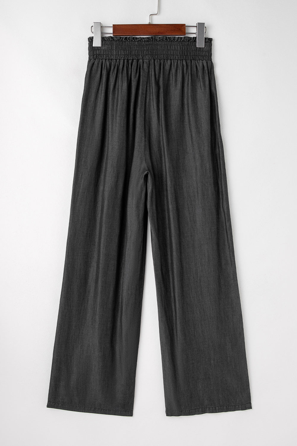 Black Side Pockets Frilled Smocked High Waist Wide Leg Jeans Jeans JT's Designer Fashion