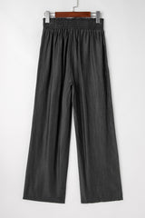 Black Side Pockets Frilled Smocked High Waist Wide Leg Jeans Jeans JT's Designer Fashion