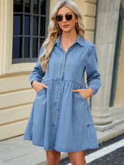 Tiered Button Up Long Sleeve Denim Dress Mini Dresses JT's Designer Fashion