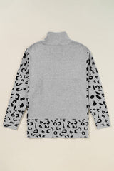 Gray Leopard High Neck Side Slit Oversized Sweater Sweaters JT's Designer Fashion