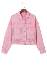 Pink Rivet Studded Pocketed Denim Jacket Denim Jackets JT's Designer Fashion