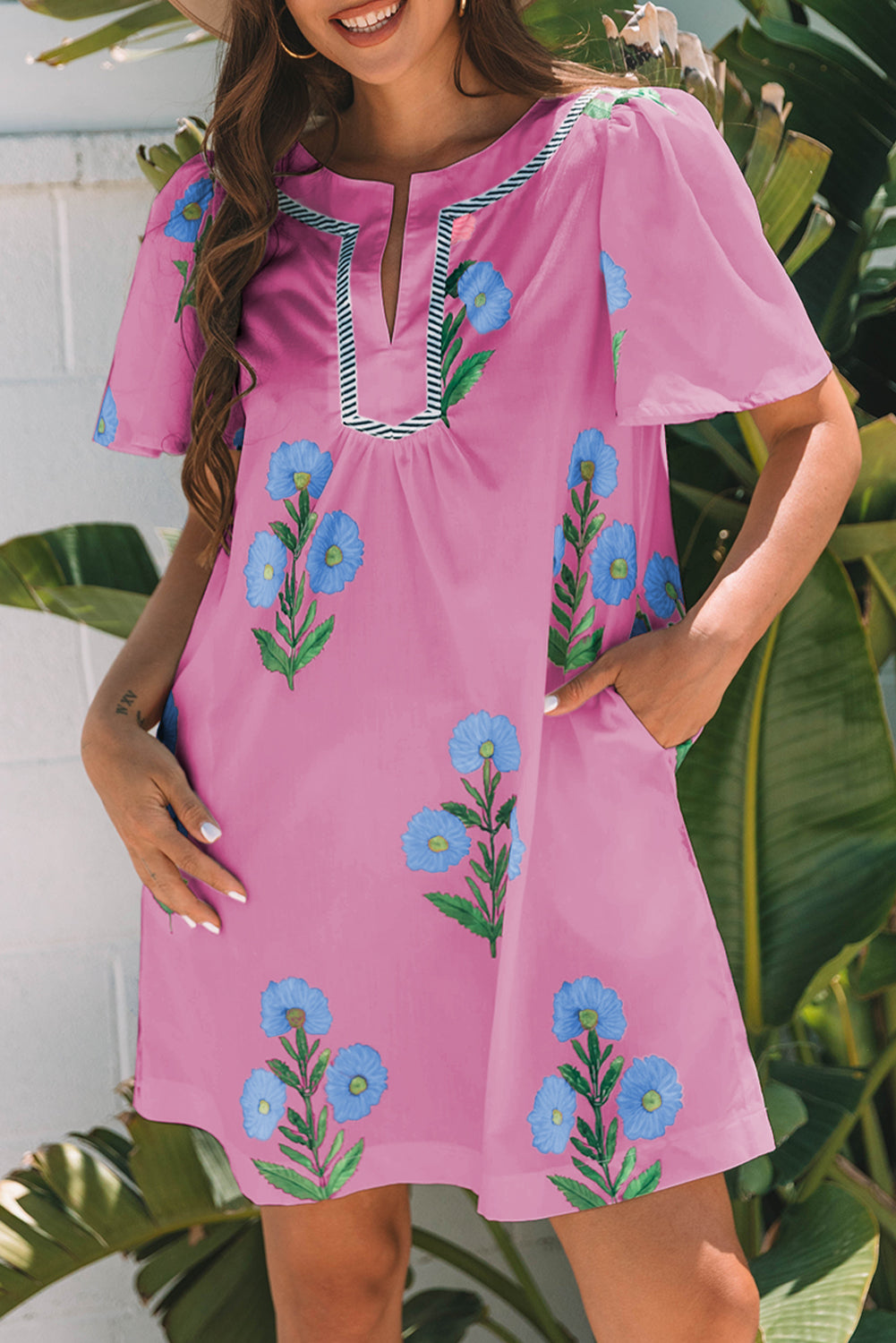 Rose Floral Short Sleeve Split Neck Loose Mini Dress Floral Dresses JT's Designer Fashion