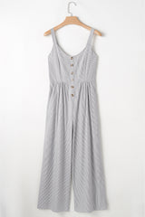 Black Stripe Half Buttoned Sleeveless Wide Leg Jumpsuit Jumpsuits & Rompers JT's Designer Fashion