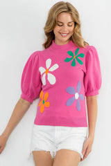 Bright Pink Floral Bubble Short Sleeve Sweater Sweaters & Cardigans JT's Designer Fashion