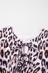 Brown Leopard Tied Front Keyhole Puff Short Sleeve Mini Dress Mini Dresses JT's Designer Fashion