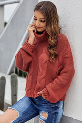 Fiery Red Cuddle Weather Cable Knit Handmade Turtleneck Sweater Sweaters JT's Designer Fashion