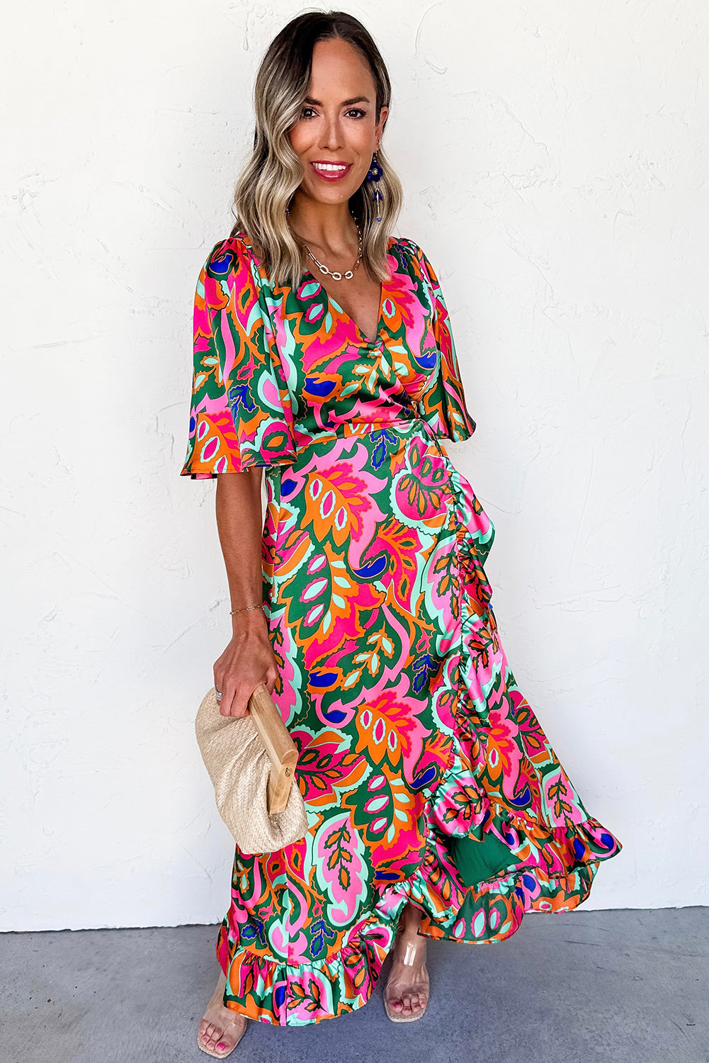 Rose Summer Plant Print Surpliced V Neck Ruffled Asymmetric Slit Wide Short Sleeve Maxi Dress Dresses JT's Designer Fashion
