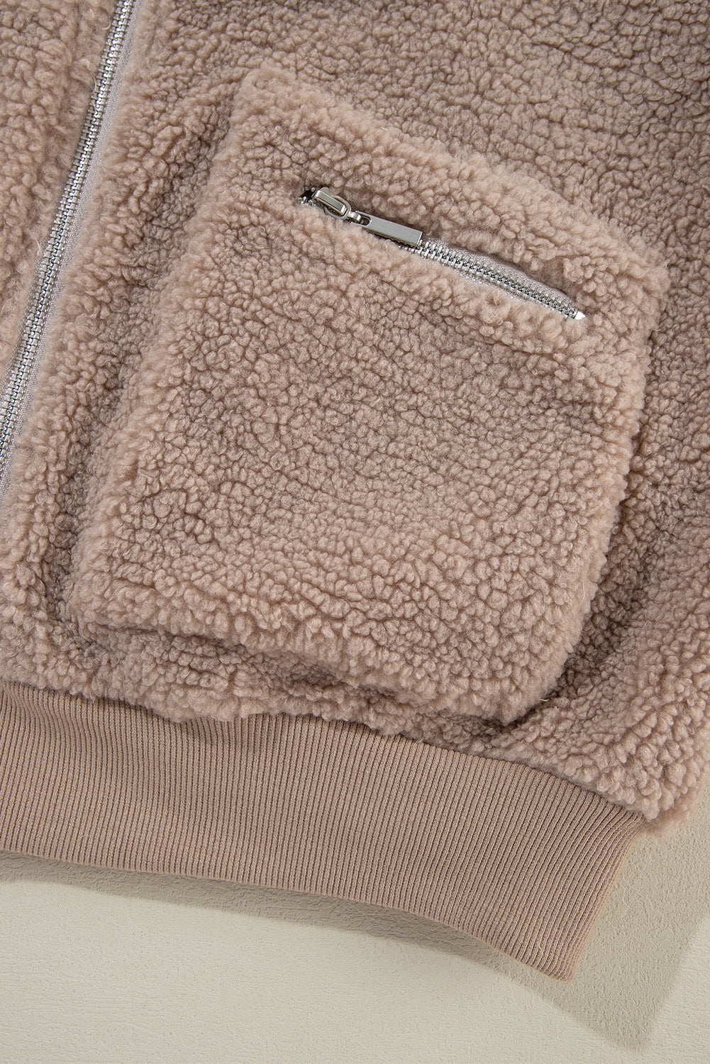 Light French Beige Zipper Pocketed Winter Fuzzy Jacket Jackets JT's Designer Fashion