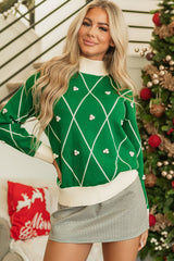 Dark Green Diamond Pattern Pom Accents Contrast Trim High Neck Sweater Sweaters JT's Designer Fashion