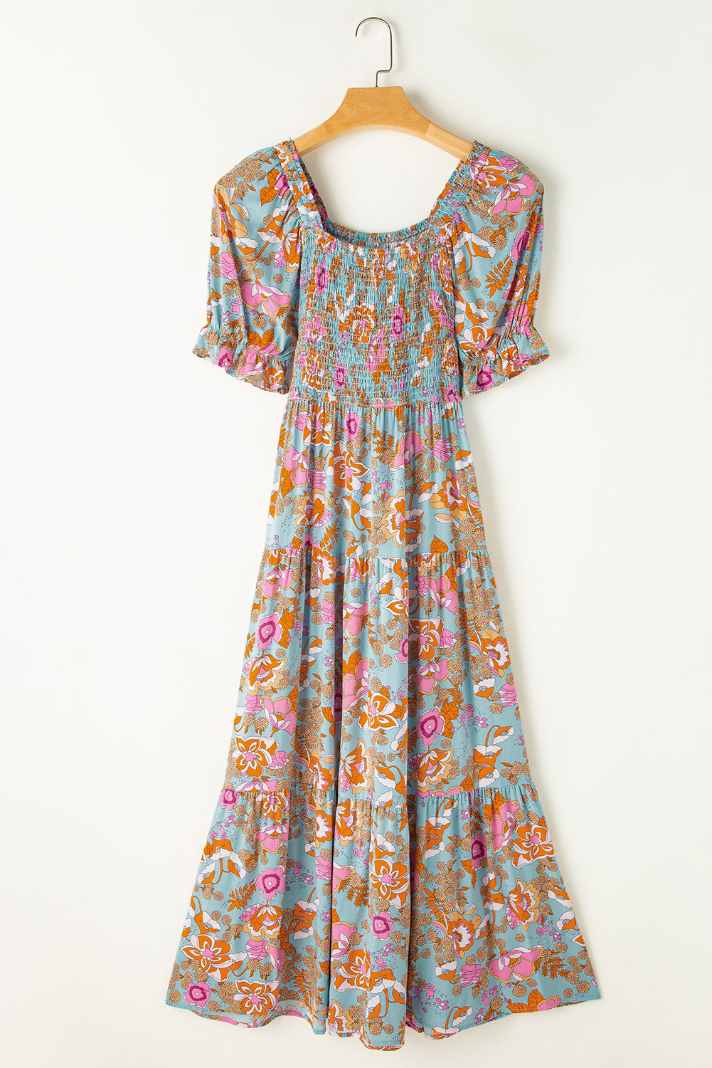 Yellow Smocked Bodice High Waist Puff Sleeve Floral Dress Floral Dresses JT's Designer Fashion
