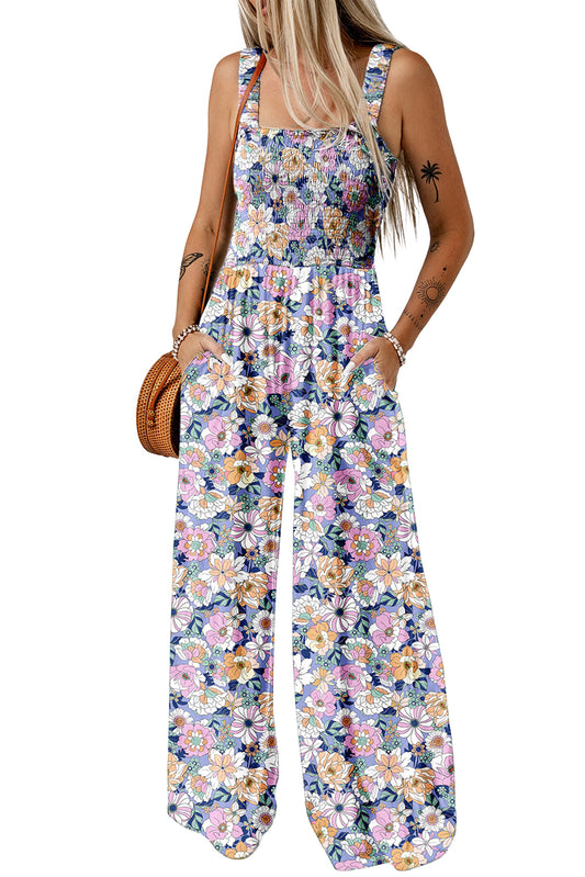 Purple Floral Print Smocked High Waist Square Neck Jumpsuit Dresses JT's Designer Fashion