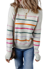White Colorful Striped Ribbed Trim Sweater Sweaters JT's Designer Fashion
