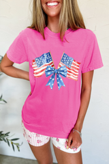 Sachet Pink Dual American Flag Bow Printed Casual T Shirt Graphic Tees JT's Designer Fashion