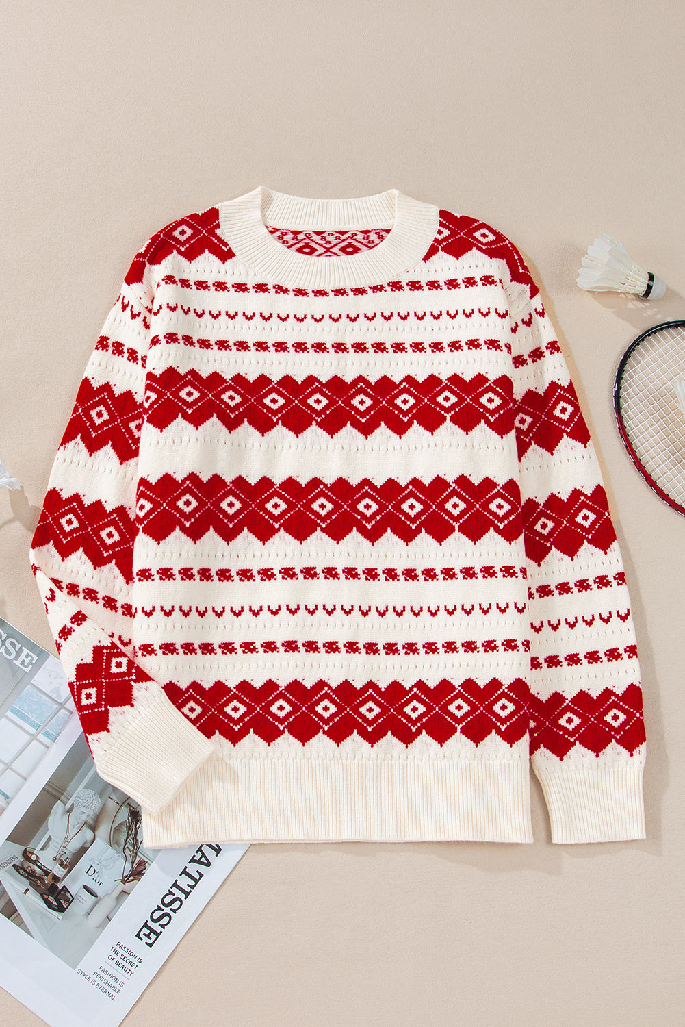 White Western Geometric Patterned Crew Neck Loose Sweater Sweaters JT's Designer Fashion