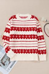 White Western Geometric Patterned Crew Neck Loose Sweater Sweaters JT's Designer Fashion