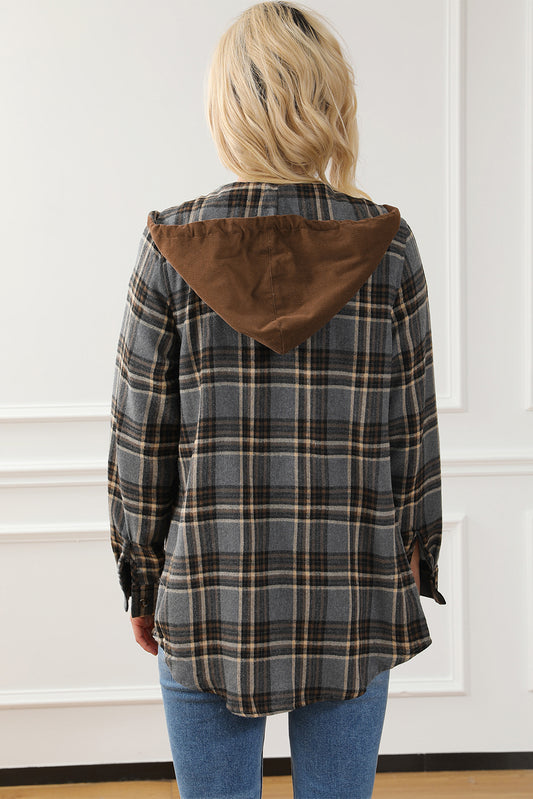 Contrast Hooded Drawstring Plaid Shacket Plaid Shackets JT's Designer Fashion
