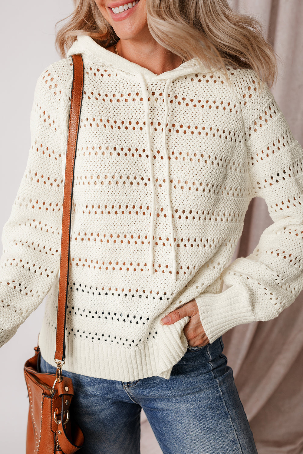 White Pointelle Knit Raglan Sleeve Hooded Sweater Sweaters JT's Designer Fashion