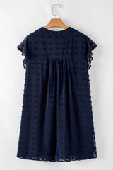 Navy Blue Dotty Textured Notched Neck Plus Ruffled Dress Plus Size Mini Dresses JT's Designer Fashion