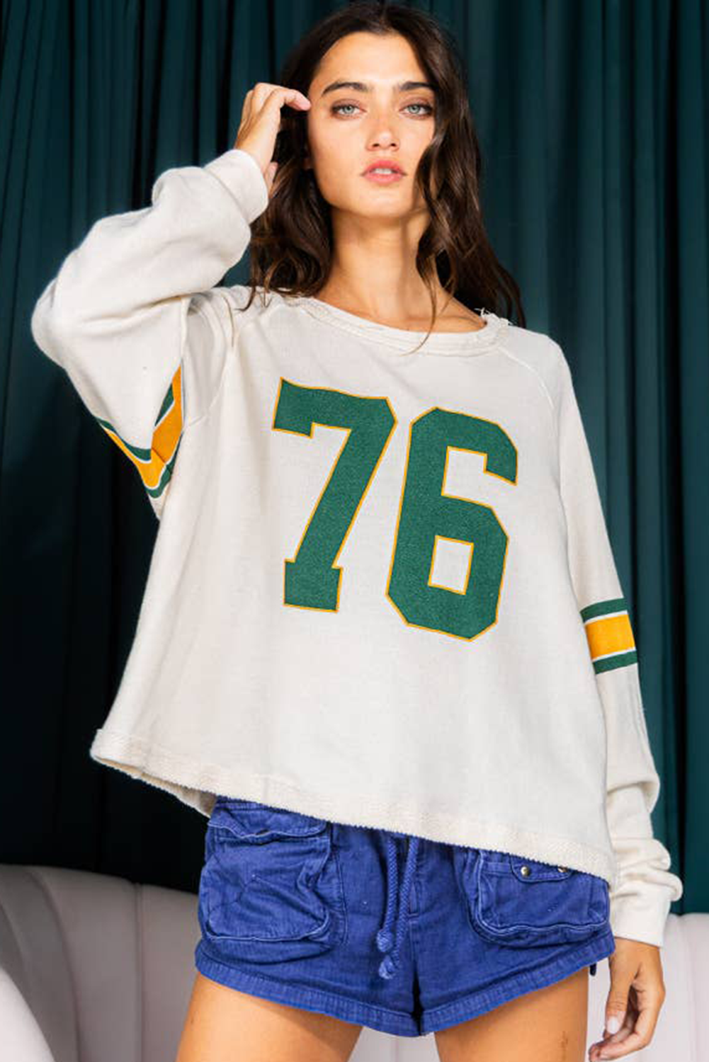 White Number 76 Printed Retro Sporty Long Sleeve Top Long Sleeve Tops JT's Designer Fashion