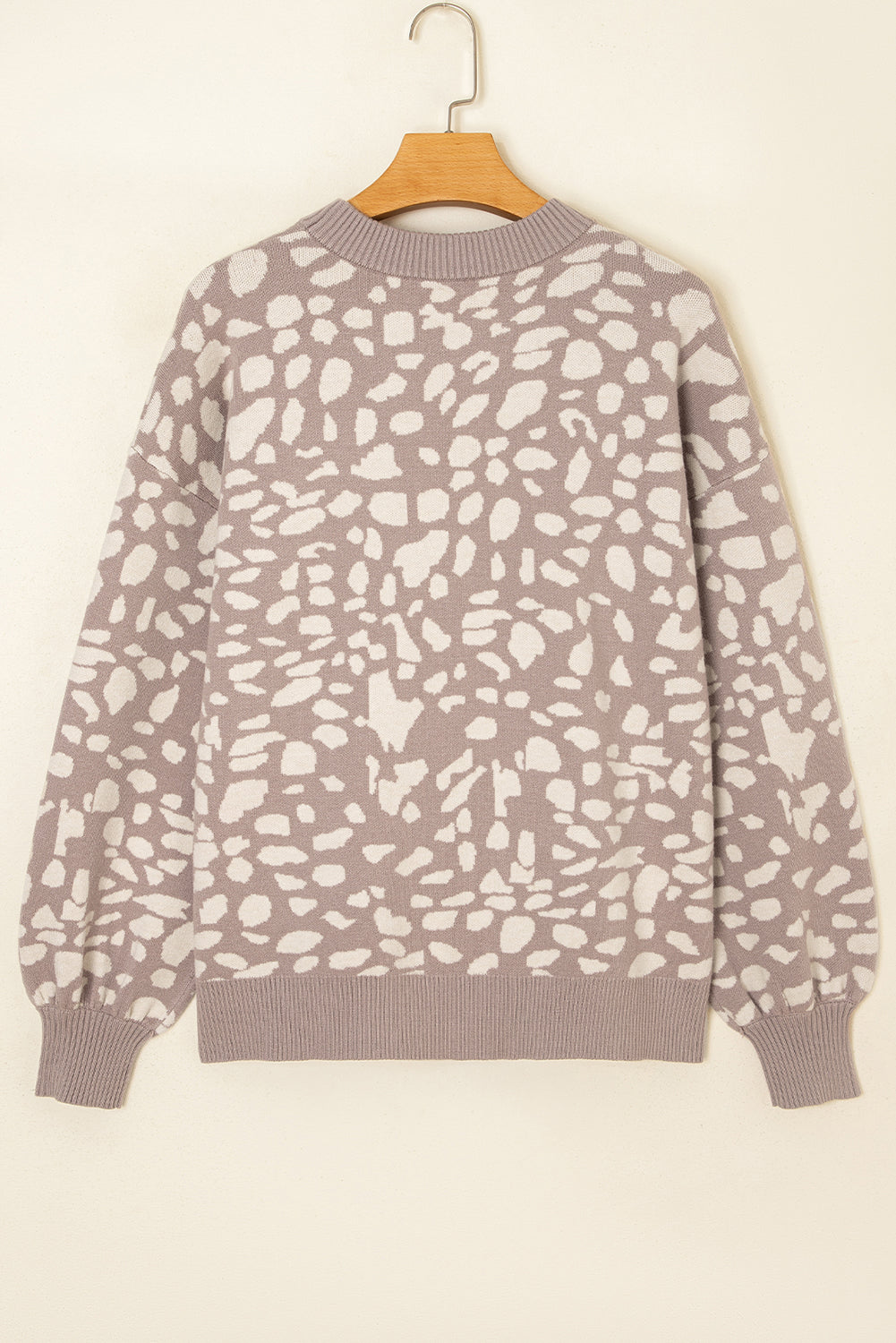 Gray Leopard Spots Pattern Ribbed Trim Drop Shoulder Sweater Sweaters JT's Designer Fashion