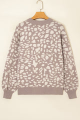 Gray Leopard Spots Pattern Ribbed Trim Drop Shoulder Sweater Sweaters JT's Designer Fashion