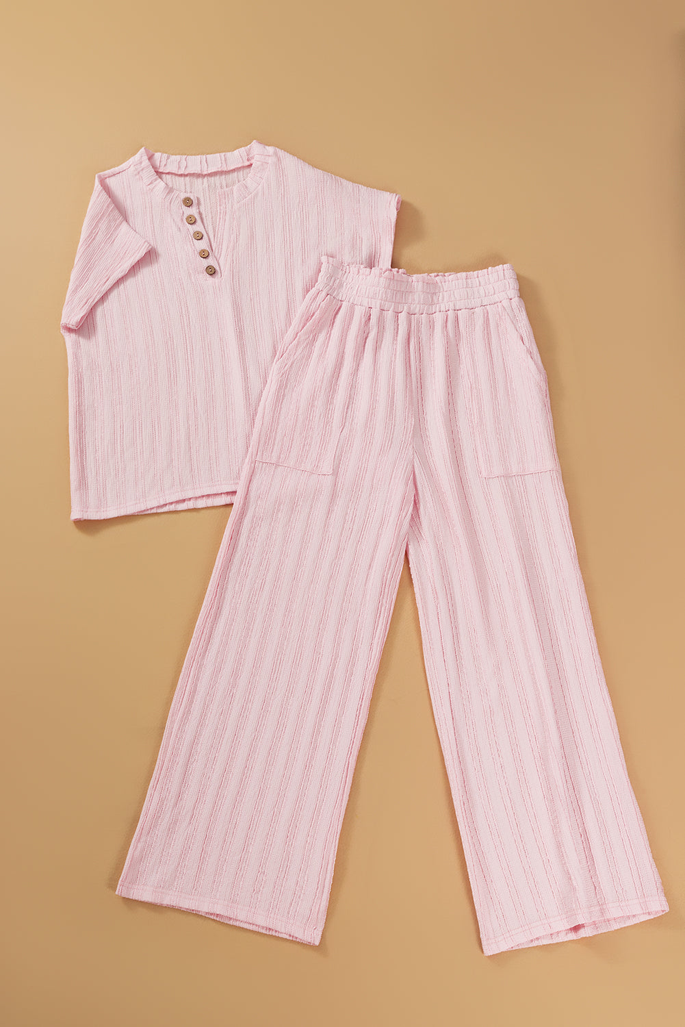 Light Pink Textured Short Sleeve Henley Top and Pocketed Wide Leg Pants Pant Sets JT's Designer Fashion