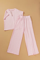 Light Pink Textured Short Sleeve Henley Top and Pocketed Wide Leg Pants Pant Sets JT's Designer Fashion