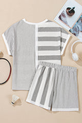 Gray Stripe Mixed Print Short Sleeve Top and Pocketed Shorts Set Short Sets JT's Designer Fashion