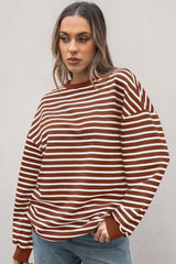 Coffee Striped Long Sleeve Round Neck Loose Top Long Sleeve Tops JT's Designer Fashion