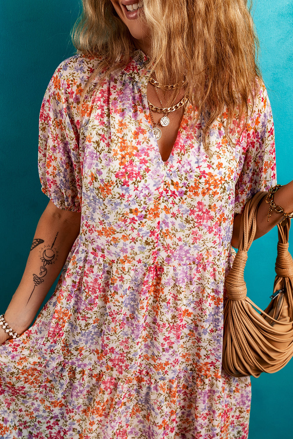 Red Floral Puff Sleeve Notched V Neck Tiered Mini Dress Floral Dresses JT's Designer Fashion