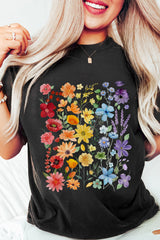 Black Beautiful Flower Print Cotton Blend Casual Tee Graphic Tees JT's Designer Fashion