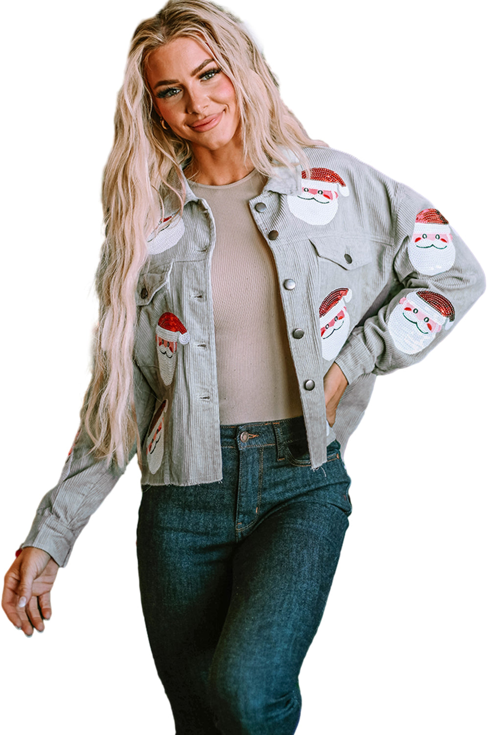 Sky Blue Sequined Santa Claus Flap Pocket Corduroy Jacket Jackets JT's Designer Fashion