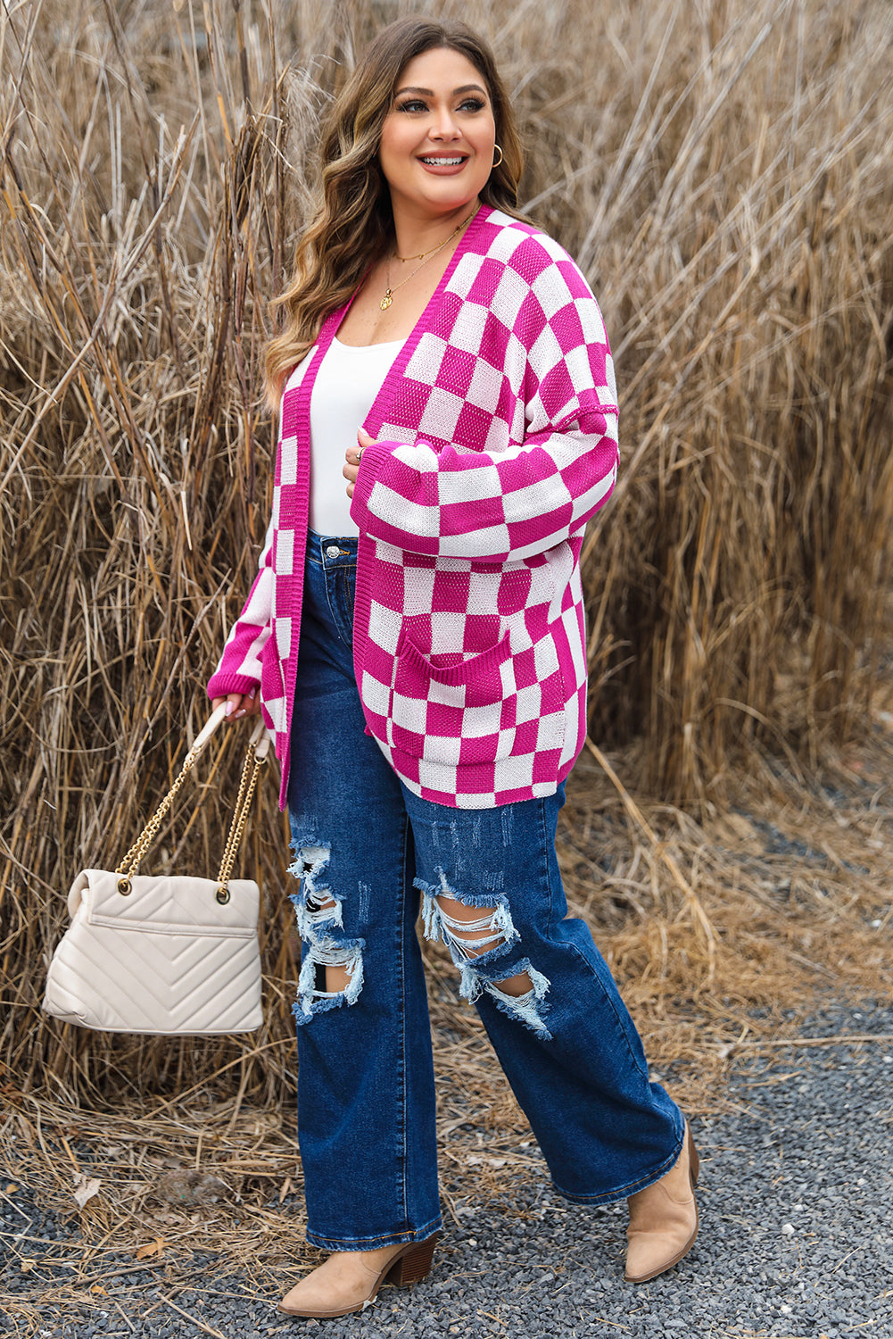 Bonbon Checkered Pattern Open Front Plus Size Cardigan Plus Size Sweaters & Cardigans JT's Designer Fashion