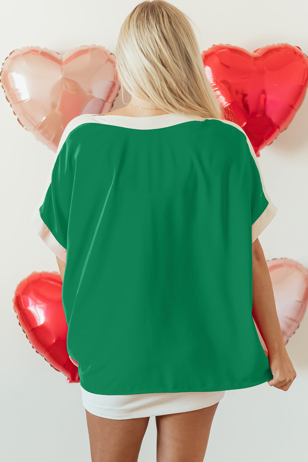 Green Oversized Color Block Boat Neck Tunic Blouse Blouses & Shirts JT's Designer Fashion