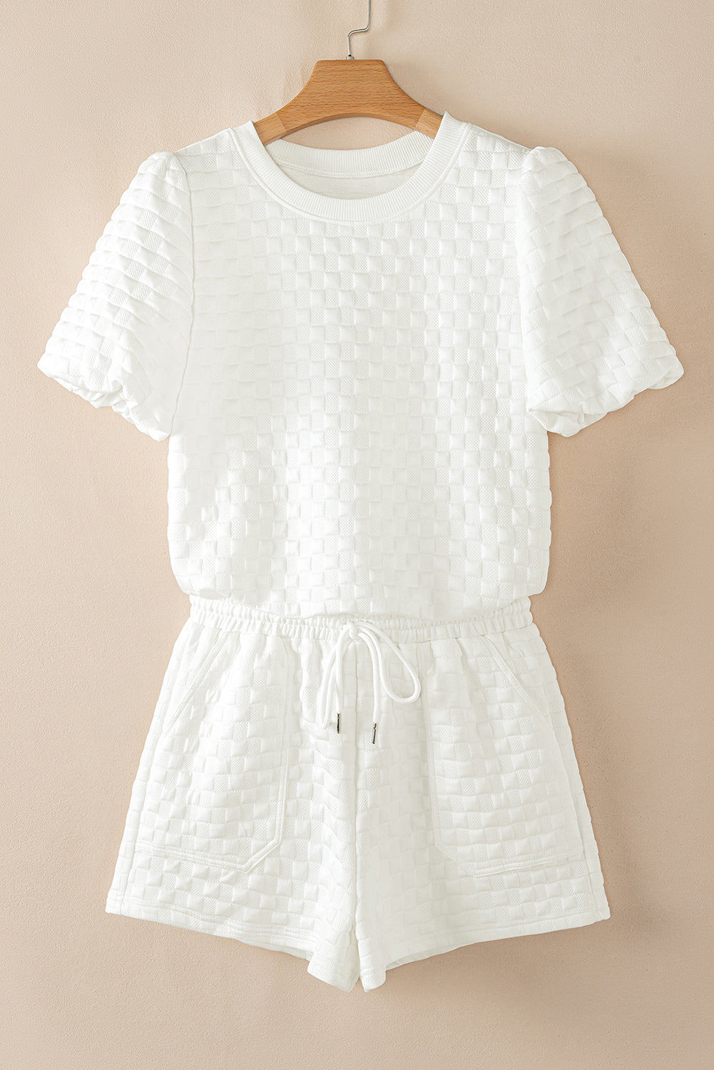 White Solid Color Checkered Texture Short 2pcs Outfit Short Sets JT's Designer Fashion