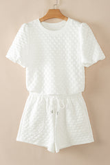 White Solid Color Checkered Texture Short 2pcs Outfit Short Sets JT's Designer Fashion