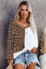 Brown Leopard Contrast Waffle Knit Twist Hem V Neck Top Long Sleeve Tops JT's Designer Fashion