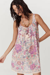 Multicolour Floral Print Fringed Tie U Neck Sleeveless Mini Dress Floral Dresses JT's Designer Fashion