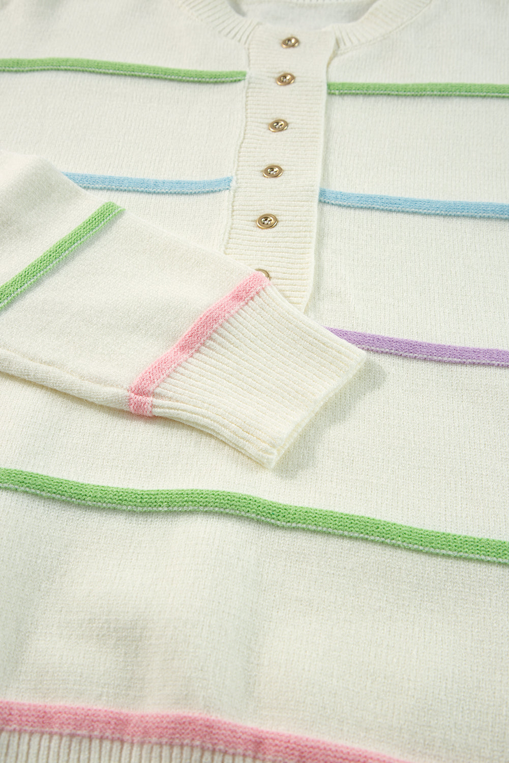 White Rainbow Stripes Drop Shoulder Baggy Henley Sweater Sweaters JT's Designer Fashion