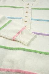White Rainbow Stripes Drop Shoulder Baggy Henley Sweater Sweaters JT's Designer Fashion