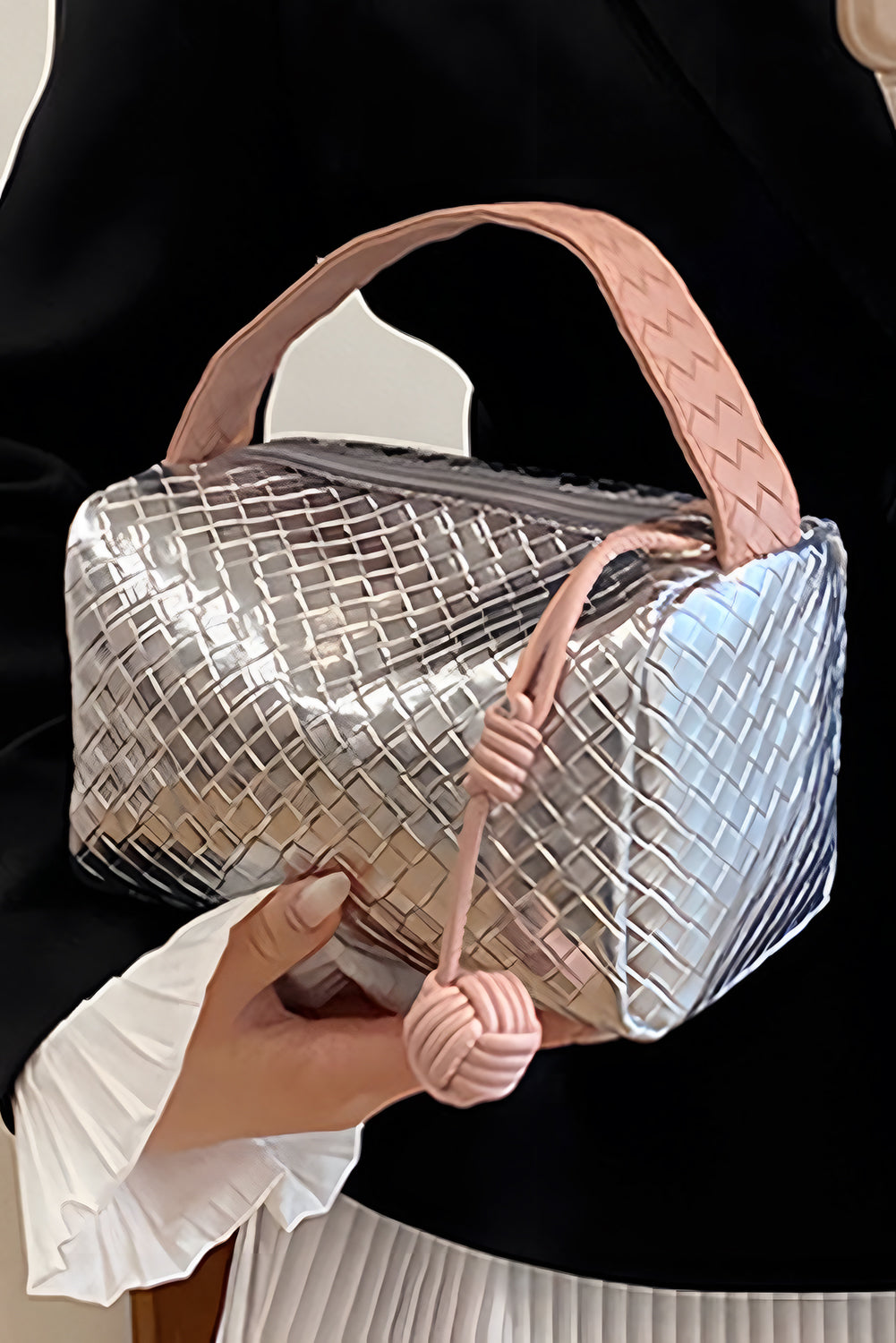 Silvery Lattice Texture Corded Ball Decor Weaven Handle Cosmetic Bag Makeup Bags JT's Designer Fashion